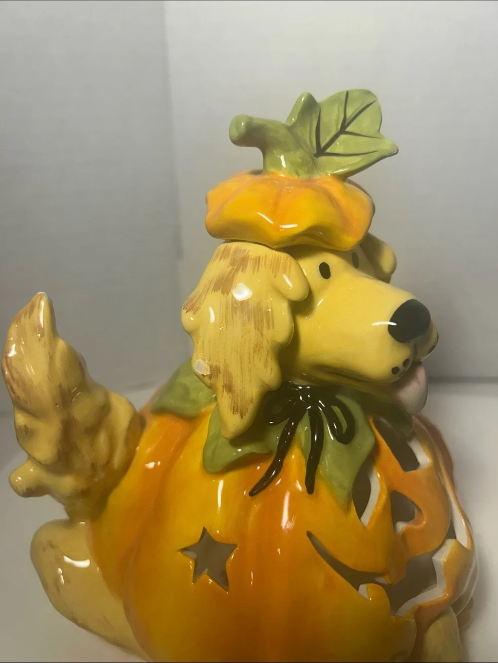 Blue Sky Yellow Orange Pumpkin Dog Figurine